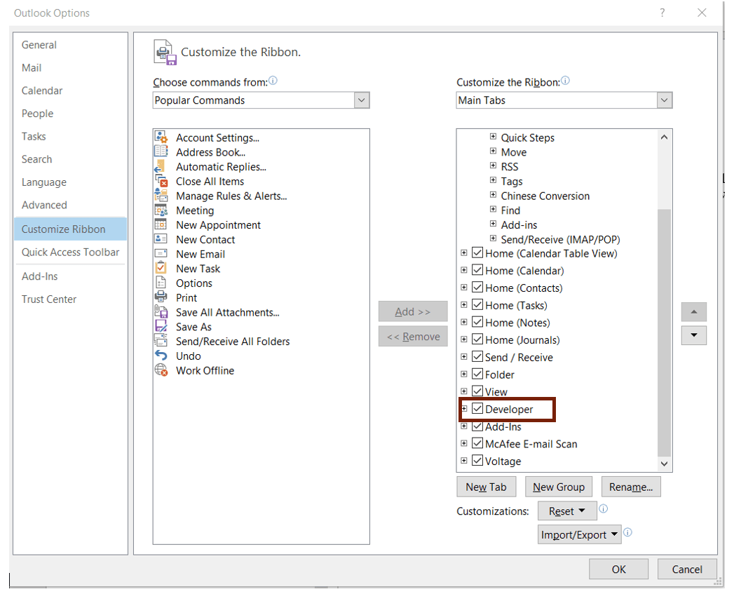Outlook Developer Mode