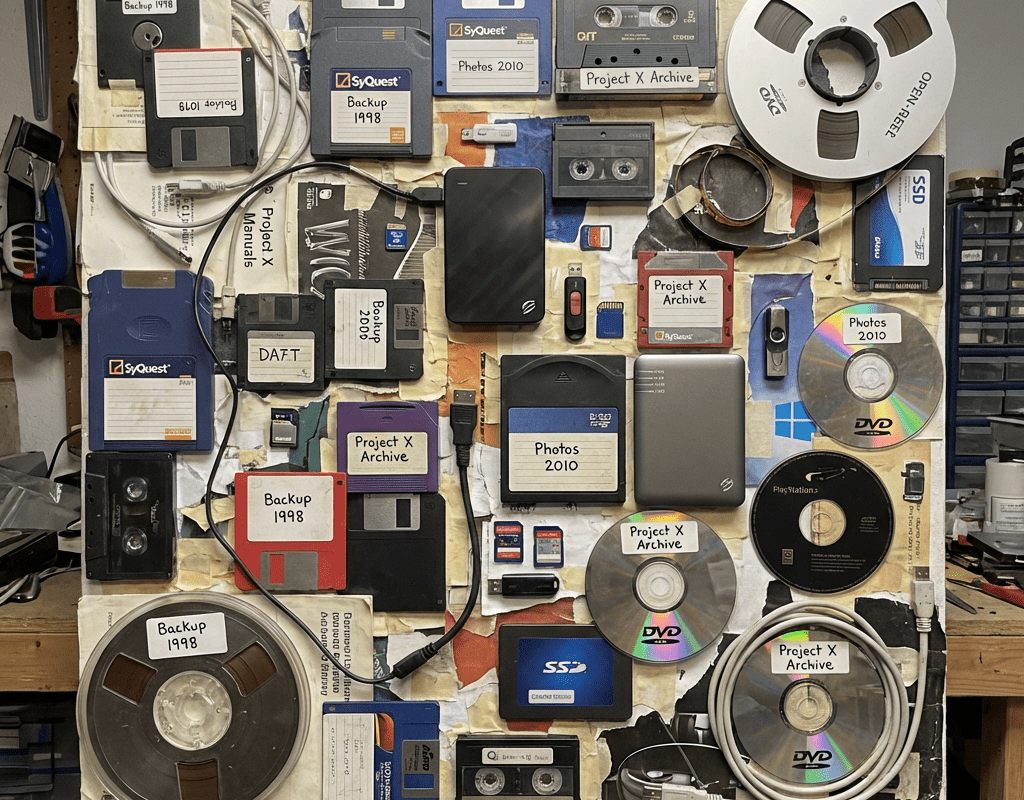 An organized display of data storage media including floppy disks, tapes, CDs, and hard drives.